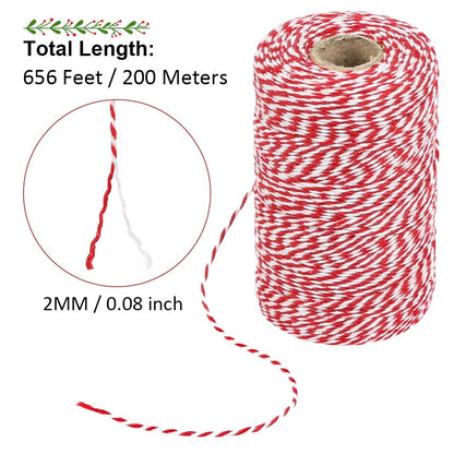 Tenn Well Red and White Twine, 656 Feet 200m Cotton Bakers Twine Ribbon for Baking, Butchers, Crafts, Gift Wrapping, Christmas Holiday Decorations