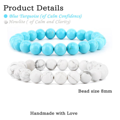 NCB 2-Piece 8mm Natural Crystal Gemstone Stretch Bracelets – ﻿Blue Turquoise, Howlite Handmade Reiki Energy Healing Jewelry for Meditation,Yoga, Unisex