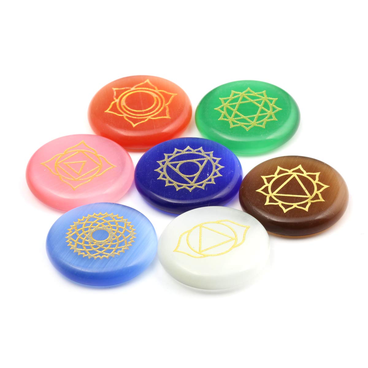 Zotoone 7 Chakra Healing Stone Set, Engraved Round Flat Pocket Stones Reiki Cat's Eye Stones Set of 7 Gift Christmas Birthday Gift