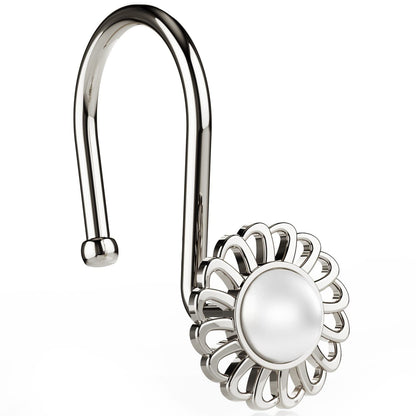 iToplin Nickel Shower Curtain Hooks Rings, Decorative Shower Curtain Hangers, Heavy Duty Metal Shower Rings, Sunflower Shower Hooks for Shower Curtain Rod and Liner, Bathroom Curtain Hooks, Set of 12