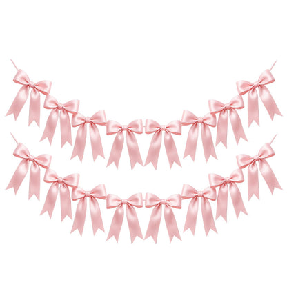 2 Strings of 16PCS Pink Bow Garland Banner Decoration,Pre-Strung Satin Ribbon Ornaments for Birthday,Bachelorette Party,Bridal Shower, Wedding,Engagement,Baby Shower, Graduation Deco,Anniversary