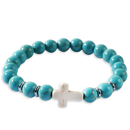 Frigotine Cross Created Turquoise Beads Stretch Protection Bracelet for Man Woman, Handmade Healing Stone Chakra Beads Elastic Bracelets Religious Accessories Fashion Jewelry Fathers Gift