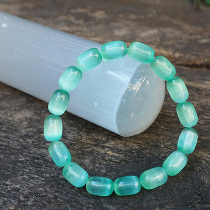TaHLga Natural Selenite Crystal Bracelet for Women Men | 8x12mm Green Plated Cylinder Beads | Authentic Stone with Leather Pouch, Gift Box & Repair Kit | Fits 7.5 inch Wrist