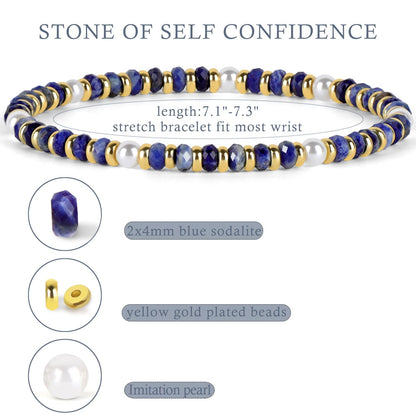 QOGIR Blue Sodalite - Self Confidence - 14K Gold Plated Beads Natural Gemstone Stretch Elastic Dainty Healing Beaded Bracelets Gifts 2x4mm