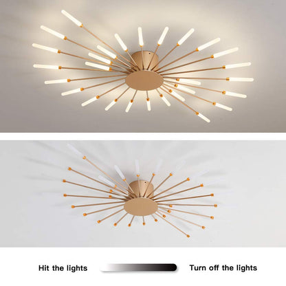 JAYMP 41.3" Ceiling Light Modern Flower Shape Ceiling Lamp for Dining Room Kitchen Hallway Flush Mount Metal Acrylic Sputnik Firework Petal LED Lighting Fixture (Matte Gold, 28 Lights)