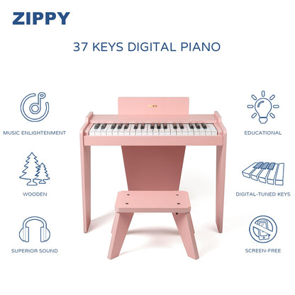 ZIPPY Kids Piano Keyboard, 37 Keys Digital Piano for Kids, Music Educational Instrument Toy, Wood Piano for 3+ Girls and Boys (Pink Basic)
