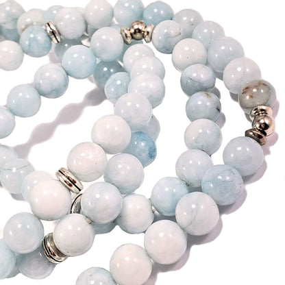 108 Bead Aquamarine Japa Mala Necklace – Handmade Yoga Jewelry with Lotus Charm – 8mm Natural Gemstones for Meditation, Chakra Bracelet, Reiki & Spiritual Balance – Stretchy Unisex Design