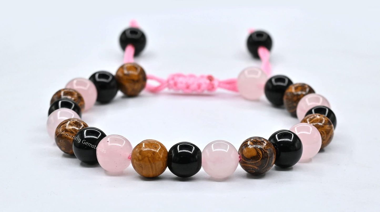 Amazing Gemstone Bracelet for Breaking Attachments Manifestation - Rose Quartz Mariyam Jasper Black Obsidian Bracelet Set for Men Women Healing Calming Anxiety Stress Relief Gifts (Adjustable)