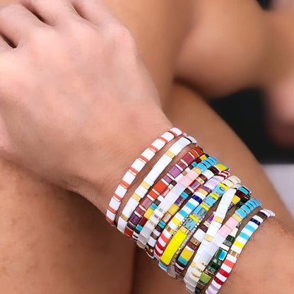 Sonateomber Tila Flat Beaded Stretch Strand Bracelets for Women - Trendy Unique Friendship Handmade Colorful Square Seed Beads Beach Link Bracelet Stackable Jewelry Friend Gifts
