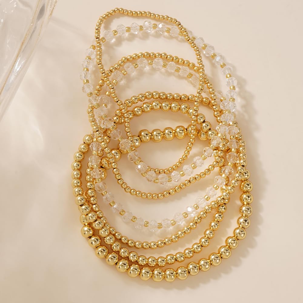 Dainty Gold Beaded Bracelet Stack for Women,Bohemia Stretch White Glass Beads Non Tarnish Stackable Bracelets Set Fashion Prom Party Holiday Accessories Jewelry Gift Friendship