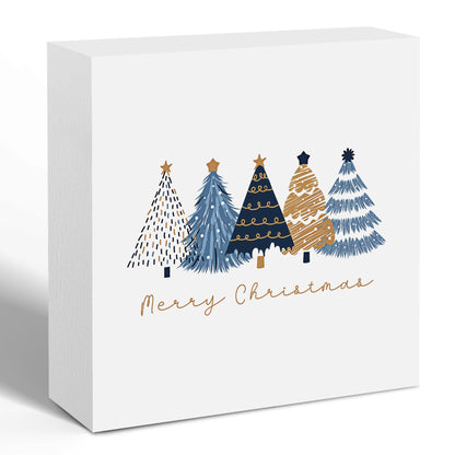 Foritho Navy Blue and Gold Christmas Tree Wooden Box Sign, Preppy Christmas Desk Decor, Merry Xmas Tree Winter Holiday Wood Signs for Home Office Desk Shelf Tabletop Decor,Decorative Signage 5x5 Inch