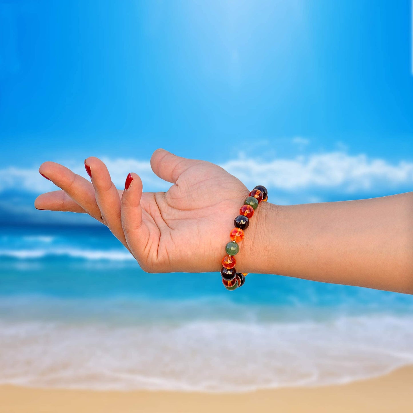 Crystal Agate Triple Stone Money Bracelet - Beaded Stretch Bracelet with Citrine, Red Garnet & Green Aventurine - Meditation, Motivational & Spiritual Gift for Men and Women - 10mm Beads