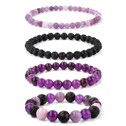 Vinswet 4pcs Natural Stone Beaded Bracelets for Women Men,Healing Crystal Gemstones Stretch purple Bracelet,4mm 6mm 8mm 10mm Amethyst Lava Rock Lepidolite Anxiety Stress Relief Bracelet Jewelry Gifts