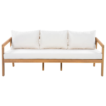 Christopher Knight Home Sures Acacia Wood Outdoor 3 Seater Sofa with Cushion, Solid Wood Patio Sofa with Removable Cushion, Comfy Lounge Sofa for Patio Furniture Set, Natural+Beige