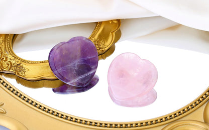 QINJIEJIE 2PCS Rose Quartz Crystals Heart Stones Amethyst Hearts Crystal Worry Stones for Anxiety Thumb Palm Polished Gemstone Pocket Gem Hearts Gifts Valentine's Day Gifts Stocking Stuffers for Women