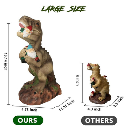 PARTYGEARS Dinosaur Statue with Gnomes, 16“ Large Outdoor Garden Statues Yard Decor, Funny Dinosaur Holding Gnomes Figurines for Patio Lawn, Weatherproof Gnome Decorations for Home, Unique