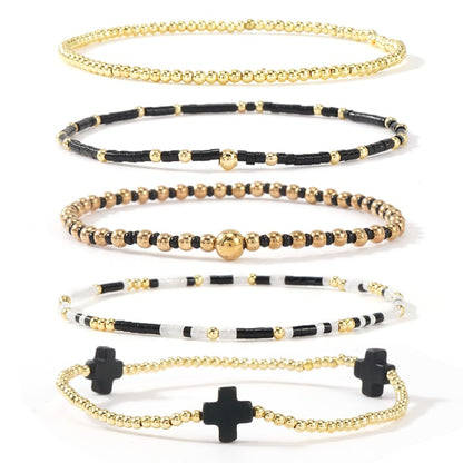 Bohxantium Gold Cross Beaded Bracelets Stack for Women, Black Boho 5PCS Stackable Stretch Set with 14K Gold Beads Waterproof Non Tarnish Jewelry for Beach Summer Party Christian Faith Friendship Gift