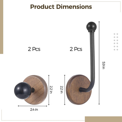 4 Pcs Walnut Wood Wall Hooks, Including 2 T-Shaped Hooks & 2 J-Shaped Holders, No-Drill Adhesive Curtain Holdbacks with Solid Wood Base for Coats, Hats, Keys & Hair Ties (Black)
