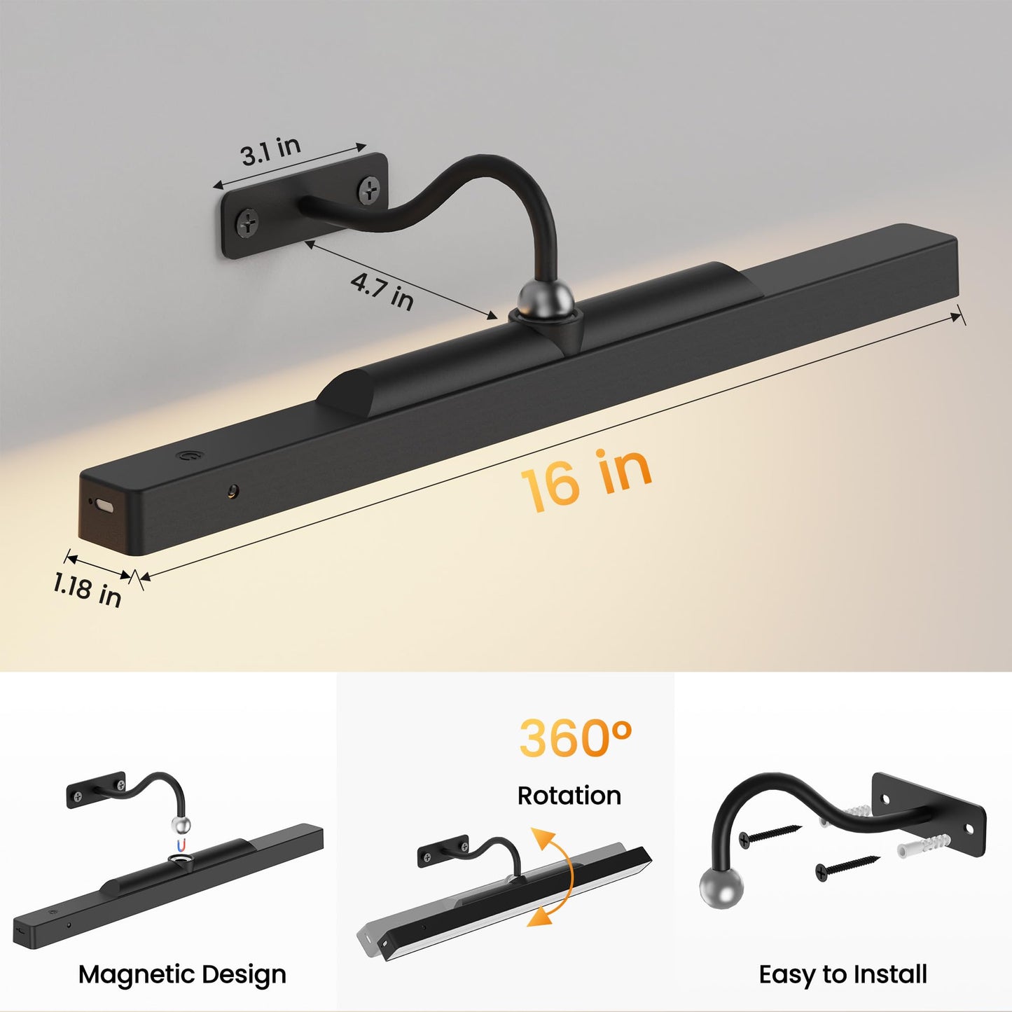3Pack Picture Light Battery Operated, 16in Picture Light for Wall, 5000mAh Cordless Wall Lights with Controller,Art Light with Dimmable Cordless for Wall Painting,Frame, Portrait, Dartboard- Black