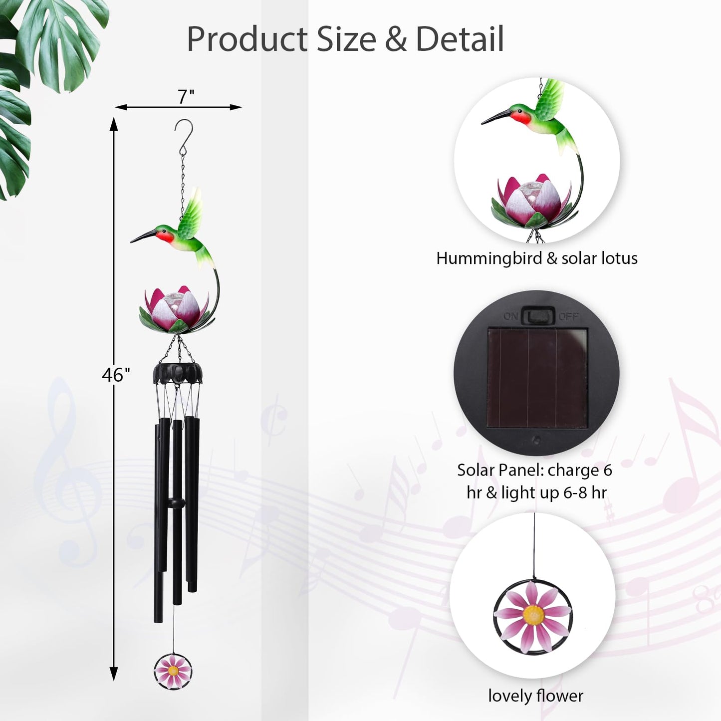 MUMTOP Solar Wind Chimes for Outside - Hummingbird with Lotus Crack Glass Ball Lights Wind Chimes Outdoor Unique, Windchimes Clearance for Garden, Patio,Yard Decor Gift