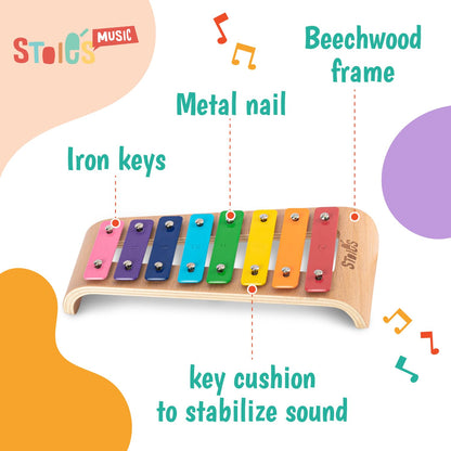 Stoie's Wooden Xylophone for Kids and Toddlers, Curved Design, 8 Notes of Rainbow Color, Tuned C-Key Xylophone with Mallets, Music Songbook, Kids Musical Instrument Educational Montessori Toys