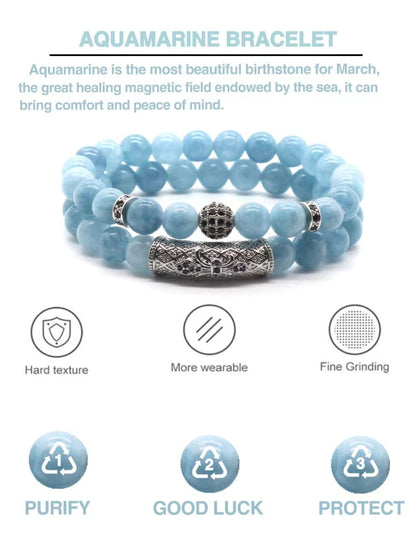 GDLKPYHS Aquamarine Bracelet,8MM Healing Crystal Beads,Stretchable Stretch Bracelets,Youthfulness Bracelet,Yoga Chakra Bracelets,Bring Positive Energy, Balance Emotion,Love & Peace,Gifts For Women