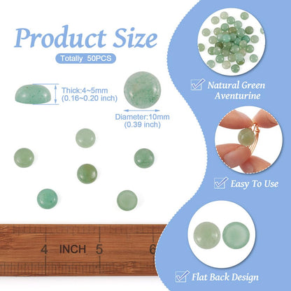 Fashewelry 50Pcs Natural Green Aventurine Cabochon Stone Half Round Beads 10mm Tiny Flat Back Gemstone Chakra Healing Crystal Cover Cabs for Jewelry Making