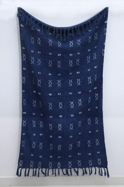 Trade Star 100% Cotton Throw Blanket Indigo Throw Blanket Handloomed Cotton Throw Mudcloth Designer with Tassels Handmade Premium Quality (50X70 INCHES Indigo Zen)