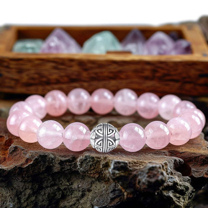 MetJakt Healing Crystals Beaded Bracelets for Womens Natural Gemstone 8mm Beads Stretch Bracelets with 925 Sterling Silver Double Happiness Pendant (Rose Quartz)