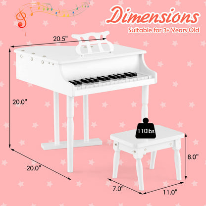 Goplus 30-Key Classical Kids Piano, Mini Grand Piano Wooden Learn-to-Play Musical Instrument Toy with Bench, Piano Lid, Music Rack, Gift for Boys Girls Aged 2+ Baby Toddler(3 Straight Leg-White)