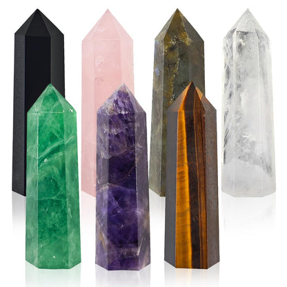 7PCS 2.2-2.6" Natural Crystals Tower Figurine Ornaments Polishing Rose Quartz Amethyst Stone Hexagonal Point Wand Obelisk Statue for Aquarium Decorative Rocks Gifts Home Decor(2.2inch/7pcs)