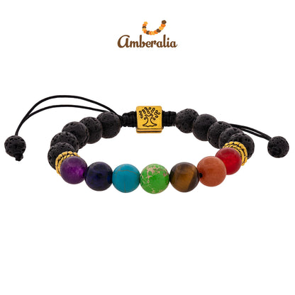 Amberalia Chakra Bracelet, Adjustable, Lava Stone Beads, Tree of Life Charm, Gold