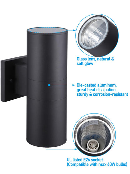 LEONLITE Modern Outdoor Cylinder Wall Lights 12", Up and Down Porch Patio Lights, Matte Black Waterproof Wall Sconce, Aluminum, E26 Base, Exterior Light Fixture Wall Mount, ETL, Pack of 2