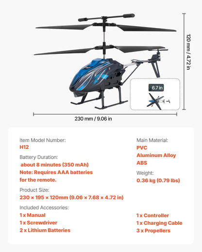VEVOR RC Helicopter, 2.4GHz Flying Remote Control Helicopter, 3.5 Channel RC Airplane for Kid, 16 Mins Flight Time, Altitude Hold, One-Key Takeoff/Landing & LED Lights, Toys for Kids Ages 8 and up