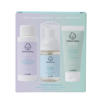 Dabble & Dollop Baby Minis Kit – Fragrance-Free, Tear-Free Shampoo & Body Wash, Bubble Bath and All Over Lotion, Travel Size Baby Toiletries or Gift Set for Newborns & Sensitive Skin