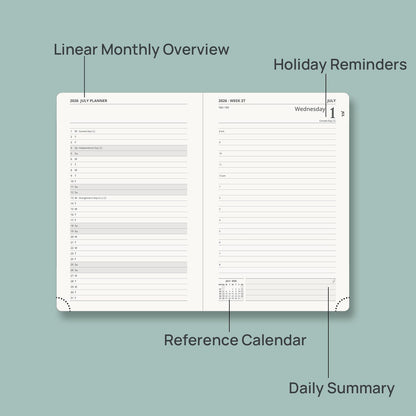POPRUN 2026-2027 Daily Planner One Page Per Day (Medium - 5.75" x 8.5") - Academic Calendar Book(July 2026 - June 2027), 2026 Day Appointment Book with Pen Holder, Hardcover - Pacific Green