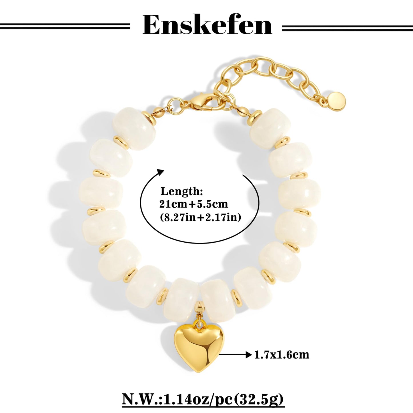 ENSKEFEN White Beaded Heart Bracelets for Women Trendy Chunky Cream Beige Resin Beads Bracelet Summer Boho Statement Heart Charm Bracelet Jewelry