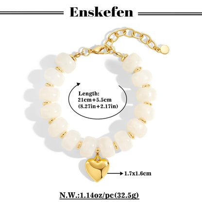 ENSKEFEN White Beaded Heart Bracelets for Women Trendy Chunky Cream Beige Resin Beads Bracelet Summer Boho Statement Heart Charm Bracelet Jewelry
