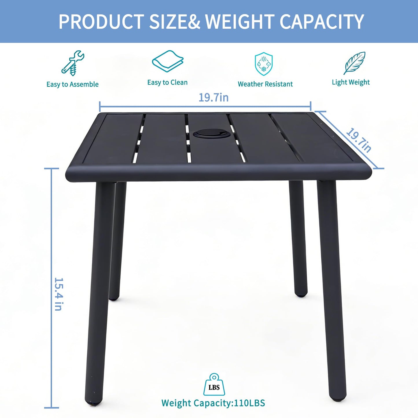 UFavo Home Small Metal Outdoor Side Table with Umbrella Hole Set of 2, Sqaure Patio Coffee Bistro Table End Table, Umbrella Table with Hole for Poolside Yard Porch Deck Balcony,19.7x19.7 inches, Black