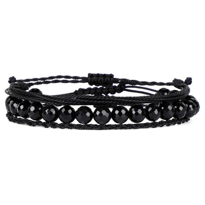 QOGIR Handmade Healing Bracelets,8mm Natural Faceted Black Onyx Gem Stone Beads Bracelet for Men Women Gifts with 2PCS Size Adjustable Rope Bracelets