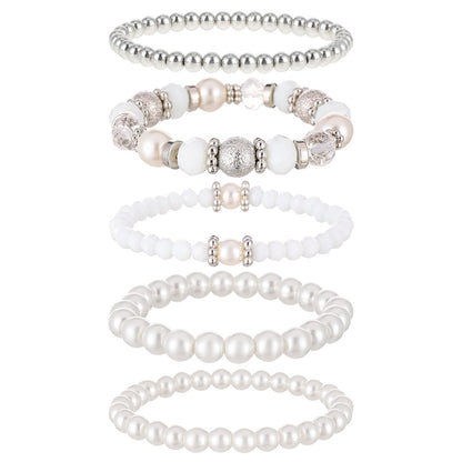 5 Pcs Beaded Stretch Bracelets White Stackable Bracelets Crystal Bead Bracelet Boho Beaded Bracelets Stretch Layering Crystal Stone Beaded Bracelets Trendy Costume Jewelry Gifts for Women