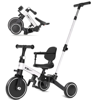 XJD Toddler Bike, 6 in 1 Folding Toddler Tricycle for 1-4 Year Old with Parental Control Handle, Balance Bike with Removable Pedal, Backrest, Adjustable Seat Height, First Birthday Gifts (White)