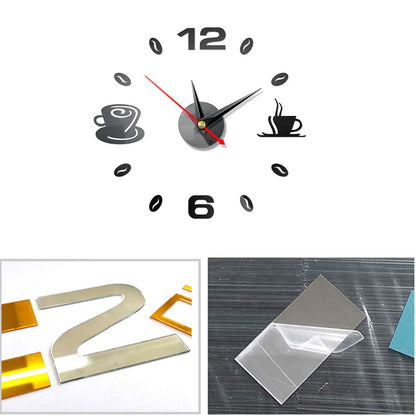 MOFUCA 3D DIY Wall Clock, Kitchen Coffee Decor Wall Clocks Frameless Large DIY Wall Clock Wall Sticker Home Decor for Living Room Bedroom Decoration (Black)