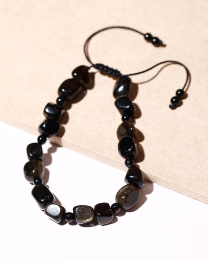 Xfoxstal Adjustable Handmade Irregular Reiki Semi Precious Stones Bracelets for Women Tumbled Crystals Beaded Bracelets 6-7 Inches Unisex (Gold Obsidian)