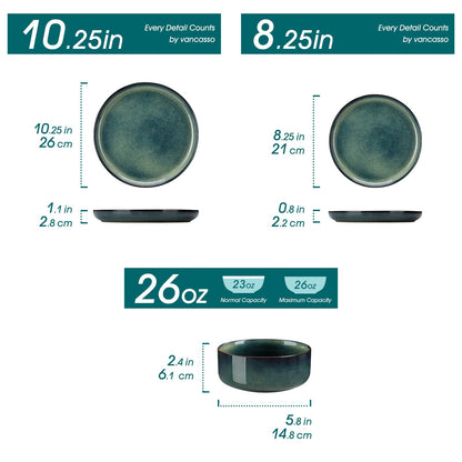 vancasso Starry 12 Pieces Dinnerware Sets for 4, Green Reactive Glaze Dishes Sets, Ceramic Plates and Bowls Set, Dinner Salad Dessert Plates, and Cereal Bowls Set, Dishwasher and Microwave Safe