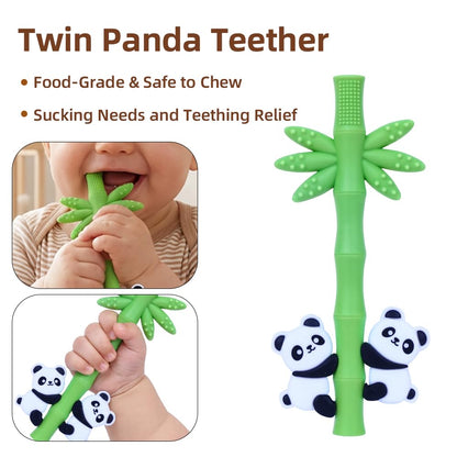 Baby Teether Toy Panda Shape Silicone Teething Toys for Babies 0-24 Months, Chew Toys for Infants Teething Relief, Hollow Tube Toothbrush Head for Gum Massage and Self-Brushing Training, Easy to Grip
