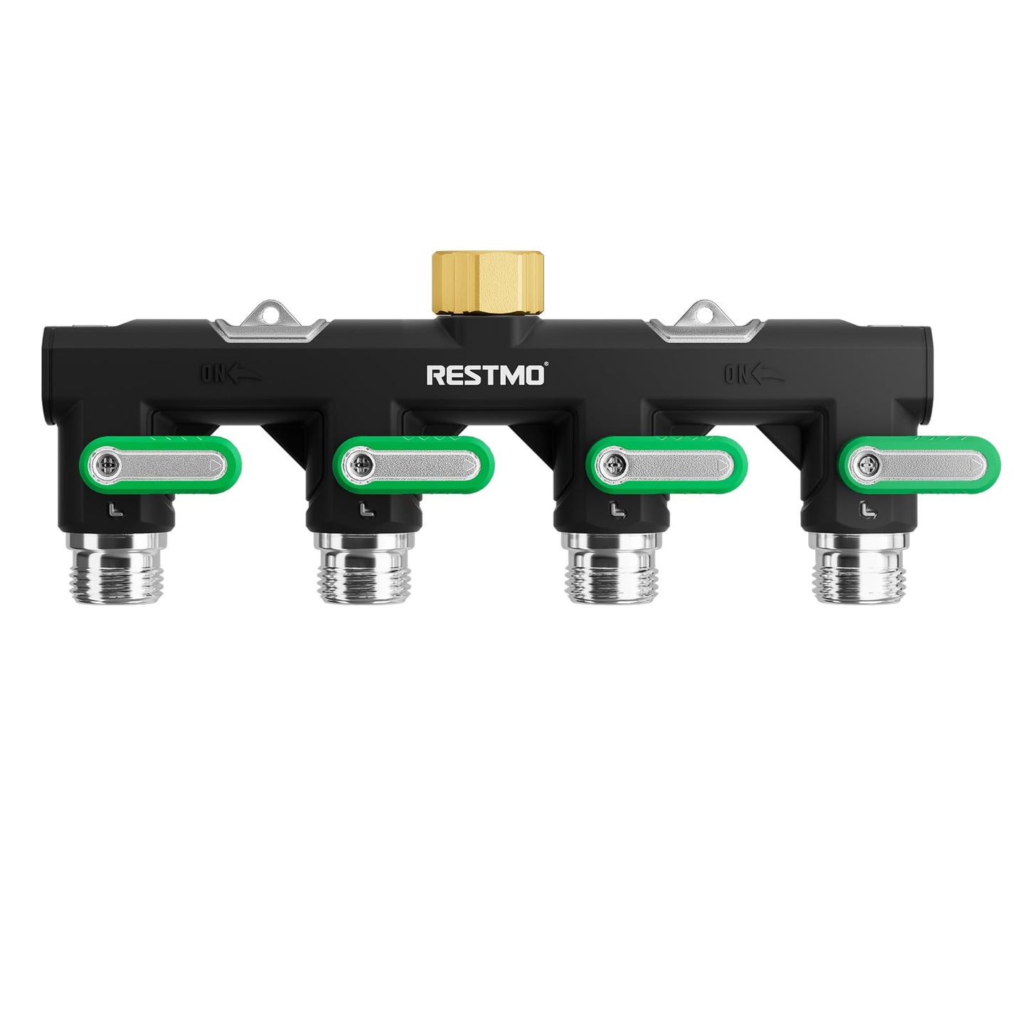 Restmo 4 Way Garden Hose Splitter Heavy Duty Full Metal Body, Full Flow Design with Oversized Ball Valve, Outdoor Faucet Spigot Adapter with Extended Levers, 3/4" GHT Thread - Green