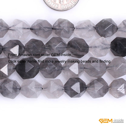GEM-Inside Grey Cloudy Quartz Gemstone Loose Beads Natural 10mm Faceted Cambay Stone Power for Jewelry Making 15"