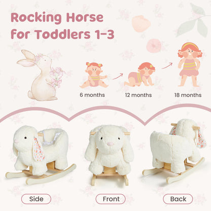labebe Baby Rocking Horse, Plush Rabbit Animal Rocker, Wooden Rocking Horse with Seat Belt, Kid Ride On Toy for 12M+ Baby Girls, Nursery Birthday