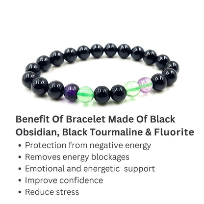 PRECIOUS PEBBLE Obsidian, Tourmaline & Fluorite Bracelets, Natural 8mm Crystal Beads, Handmade Stretch Bracelet for Men & Women – Symbolic Gift Accessory for Balance & Grounded Style